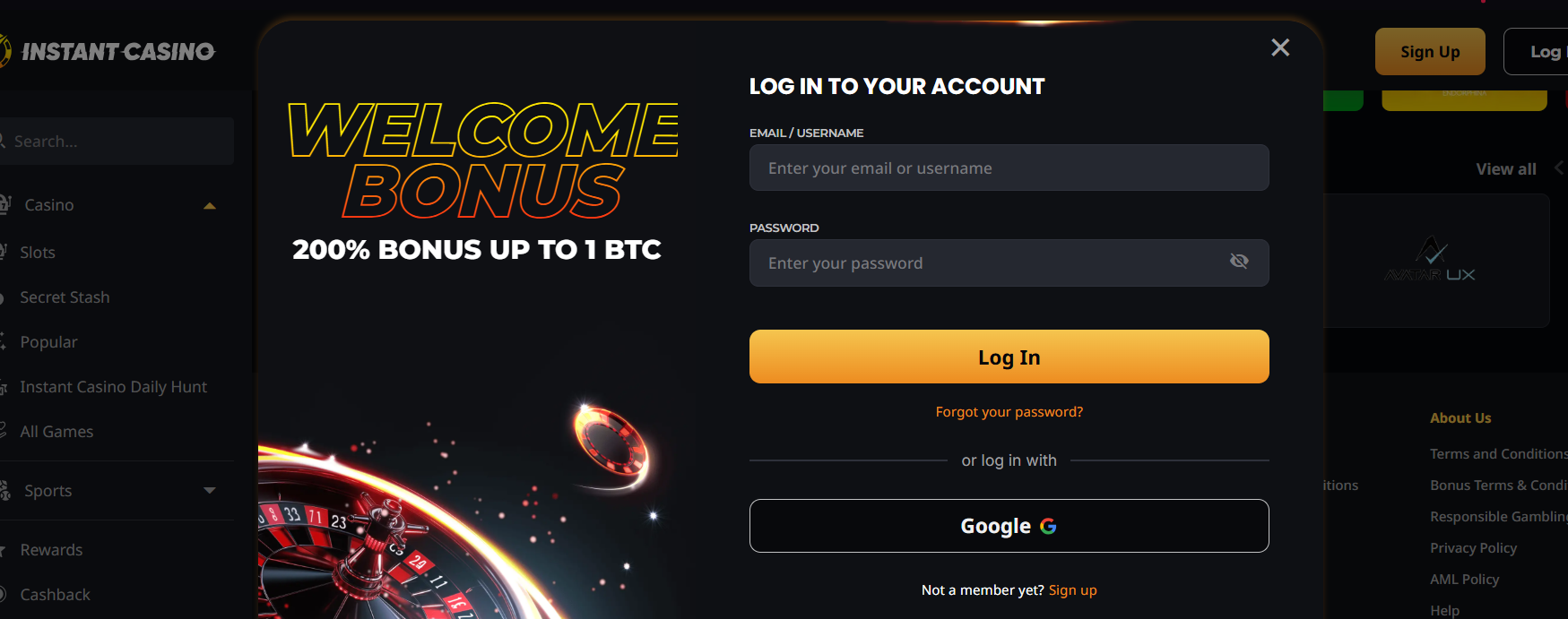 Instant Casino login interface with 200% bonus up to 1 BTC, secure account access, and quick sign-in via email or Google.