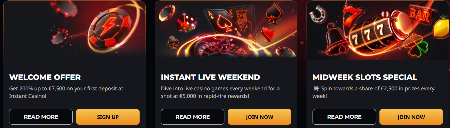 Casino promotions section featuring welcome bonus, live weekend rewards, and midweek slots special with real money prizes and fast payouts.